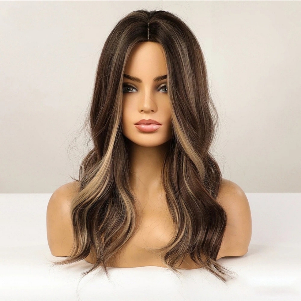Synthetic Brown Wig with Highlights. Natural Wavy Heat Resistant Wig. 16".
